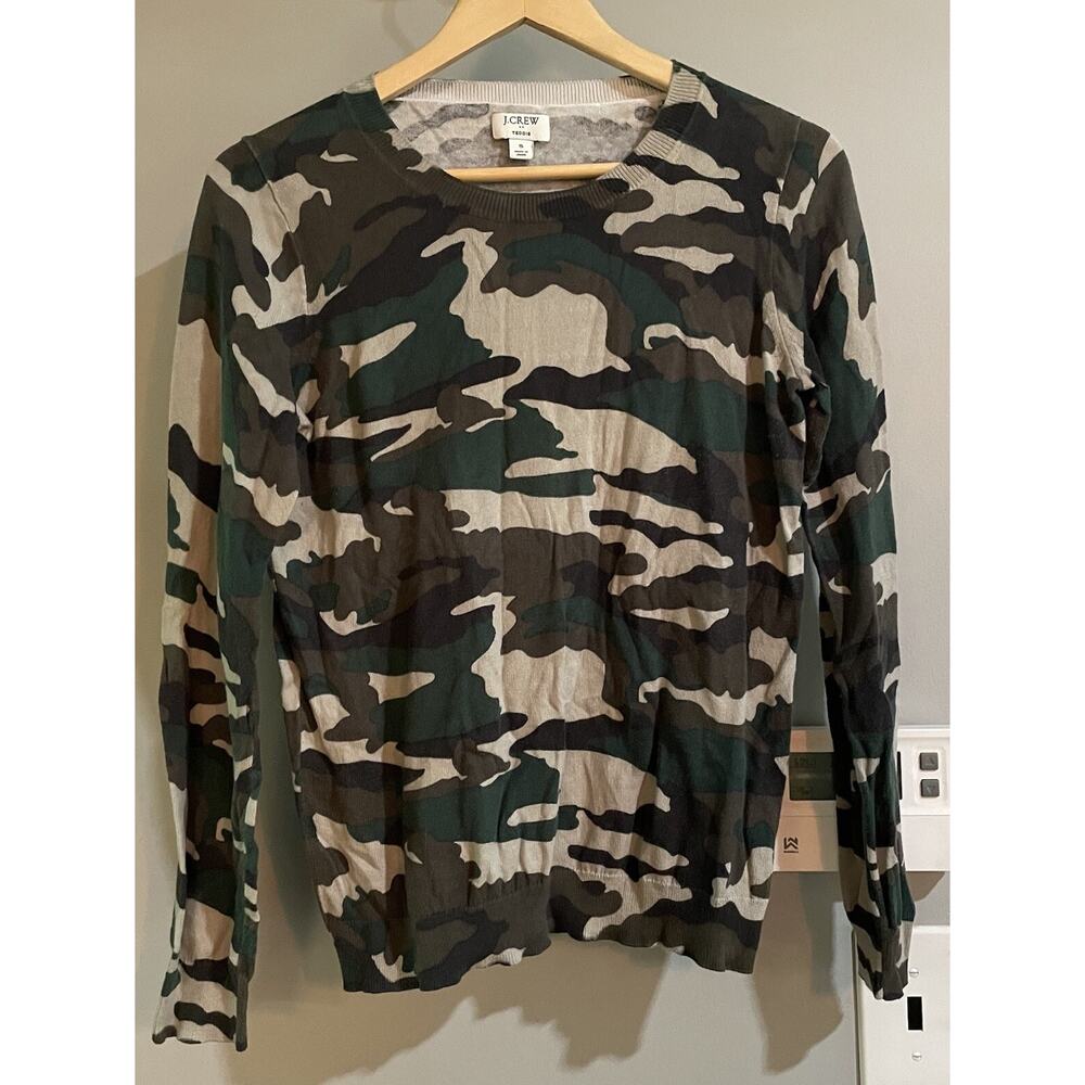 J Crew Teddie Sweater Camo‎ Long Sleeve Knit Cotton Pullover Womens Small